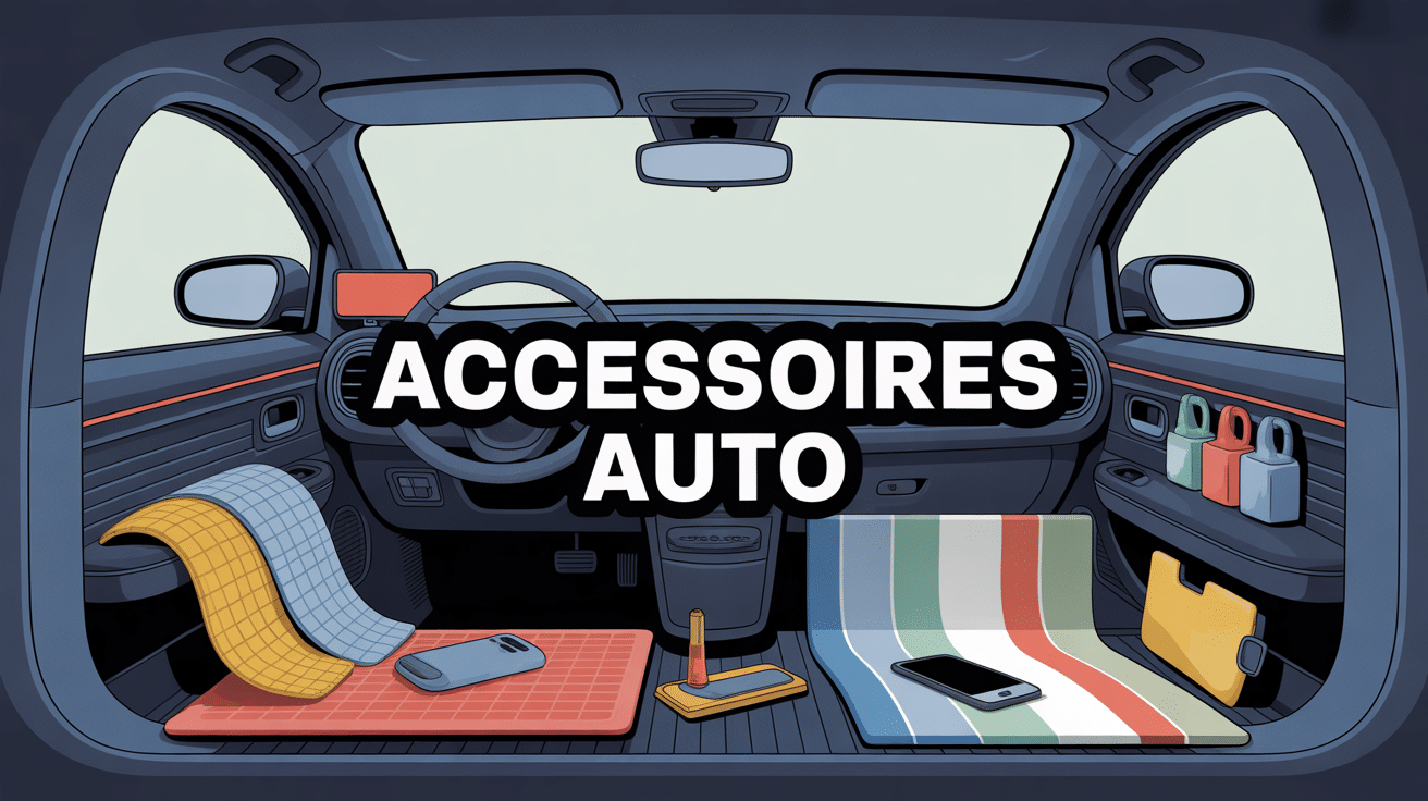 Habitacle voiture avec accessoires auto : tapis, pare-soleil, support smartphone