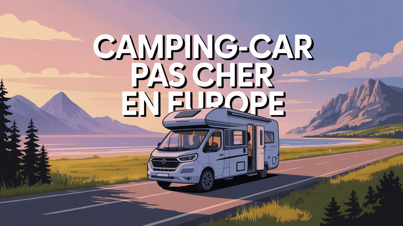 Illustration camping car pas cher Europe route montagnes plages