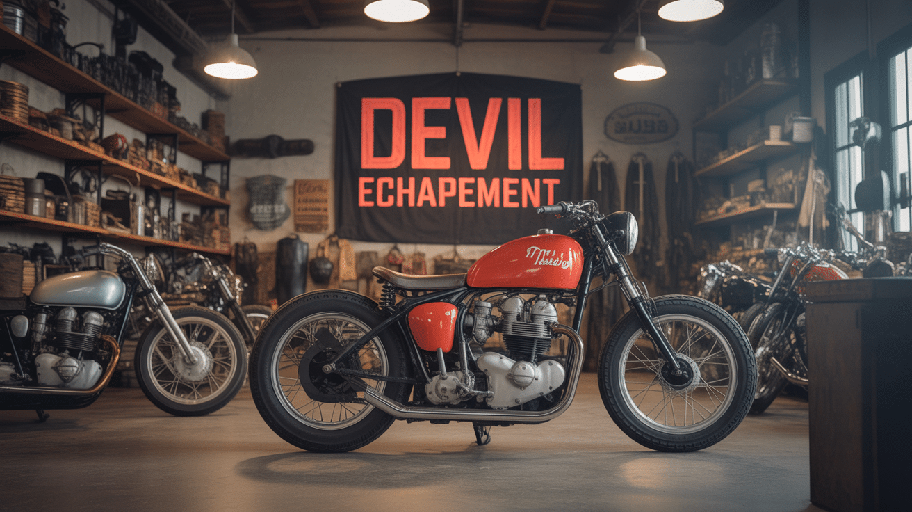 Atelier moto vintage avec Devil echappement en exposition