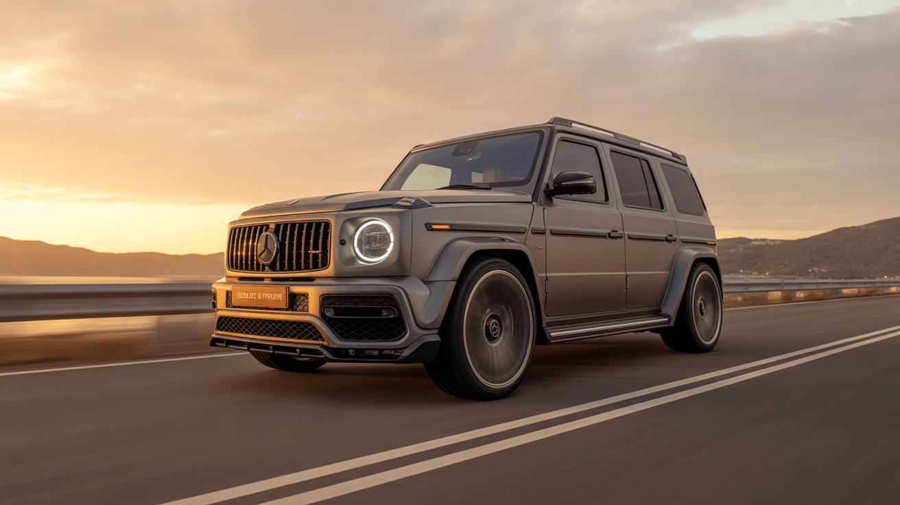 SUV Mercedes Classe G Mansory sur route au coucher du soleil, luxury car personnalisable
