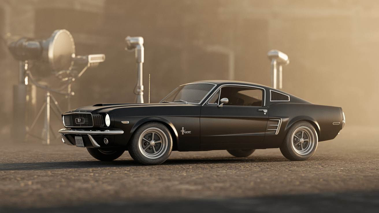 Mustang noire John Wick capot rayé ambiance intense