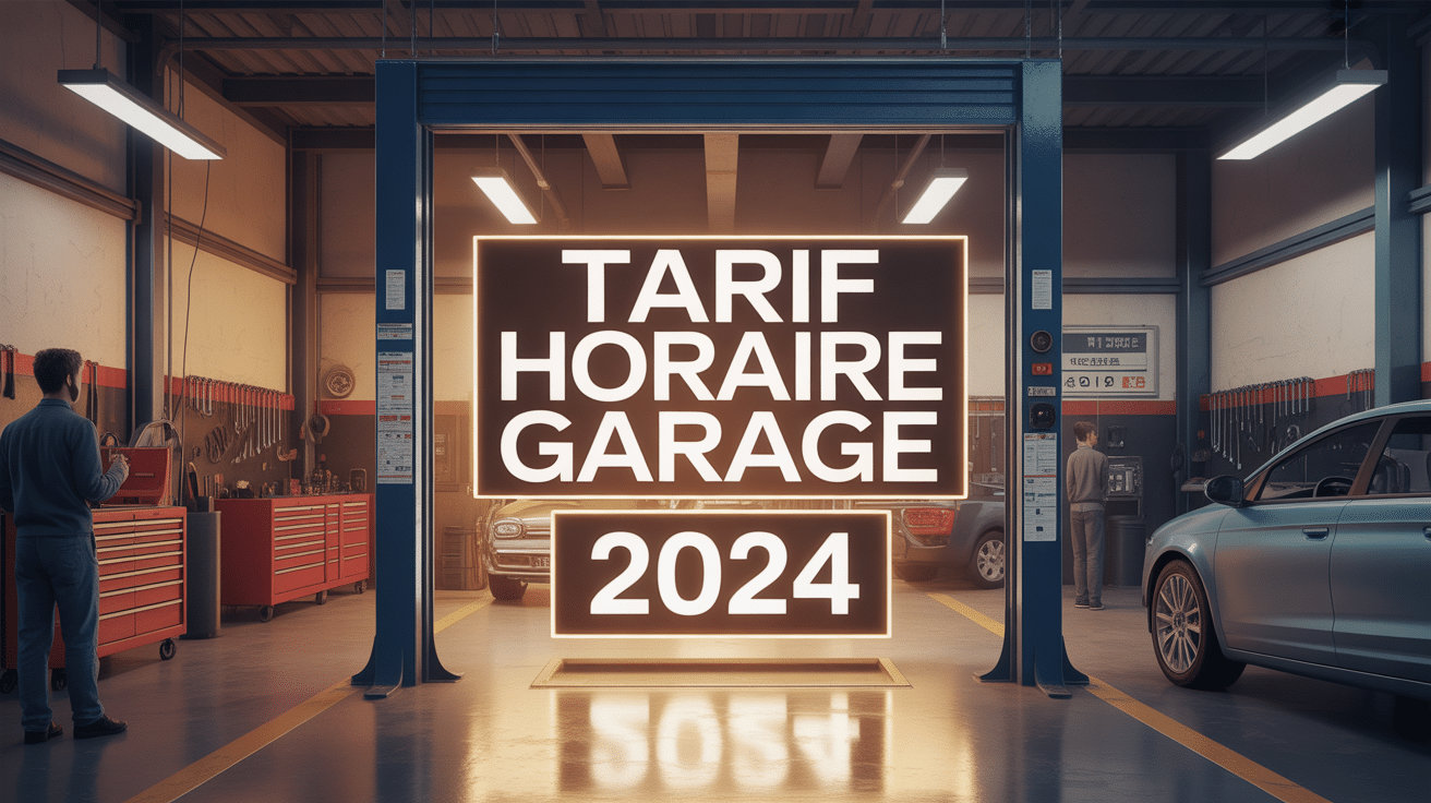 Atelier auto moderne, techniciens, ticket de caisse, tarif horaire garage 2024
