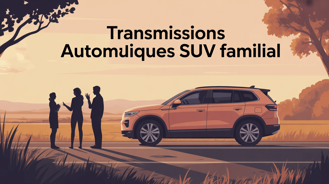 SUV familial moderne et famille au bord de la route, transmissions automatiques