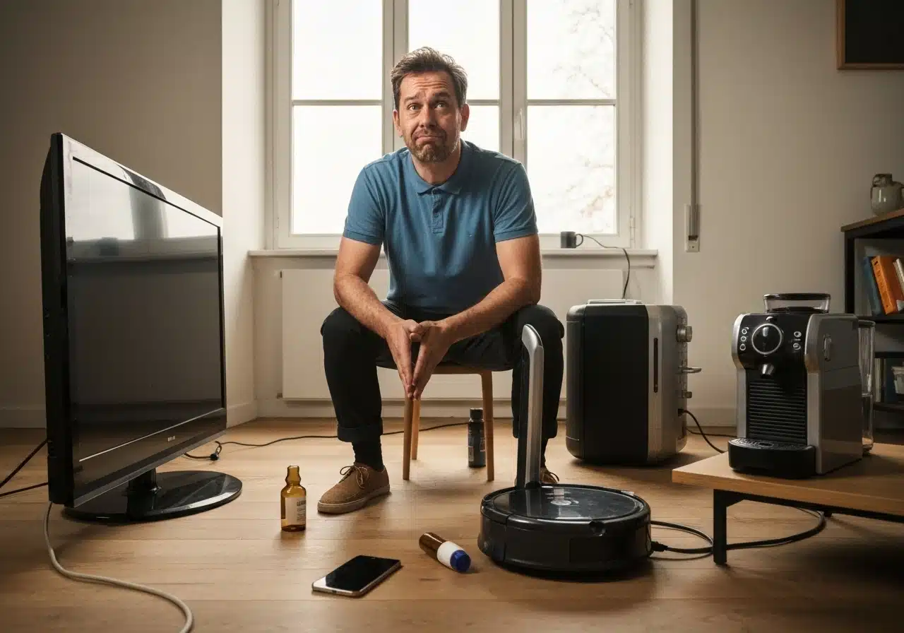 Un-homme-dans-la-trentaine_-debout-au-milieu-de-son-salon-moderne_-l’air-désemparé_-entouré-d’objets