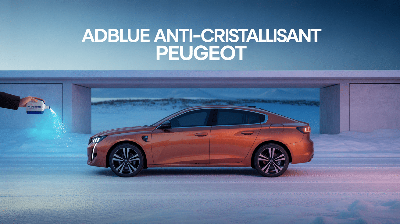 Voiture sedan Peugeot sous neige avec flacon AdBlue anti cristallisant