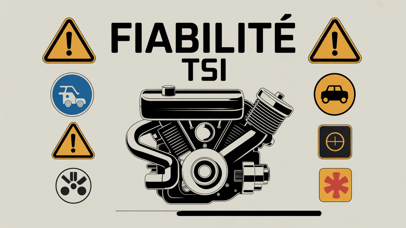 Zoom sur moteur TSI moderne avec pictogrammes avertissement