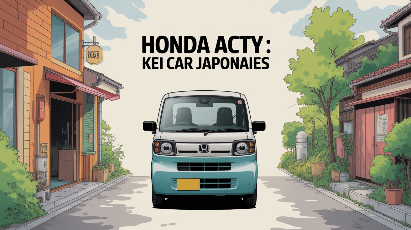Illustration Honda Acty Kei Car Japonais dans decor urbain et rural