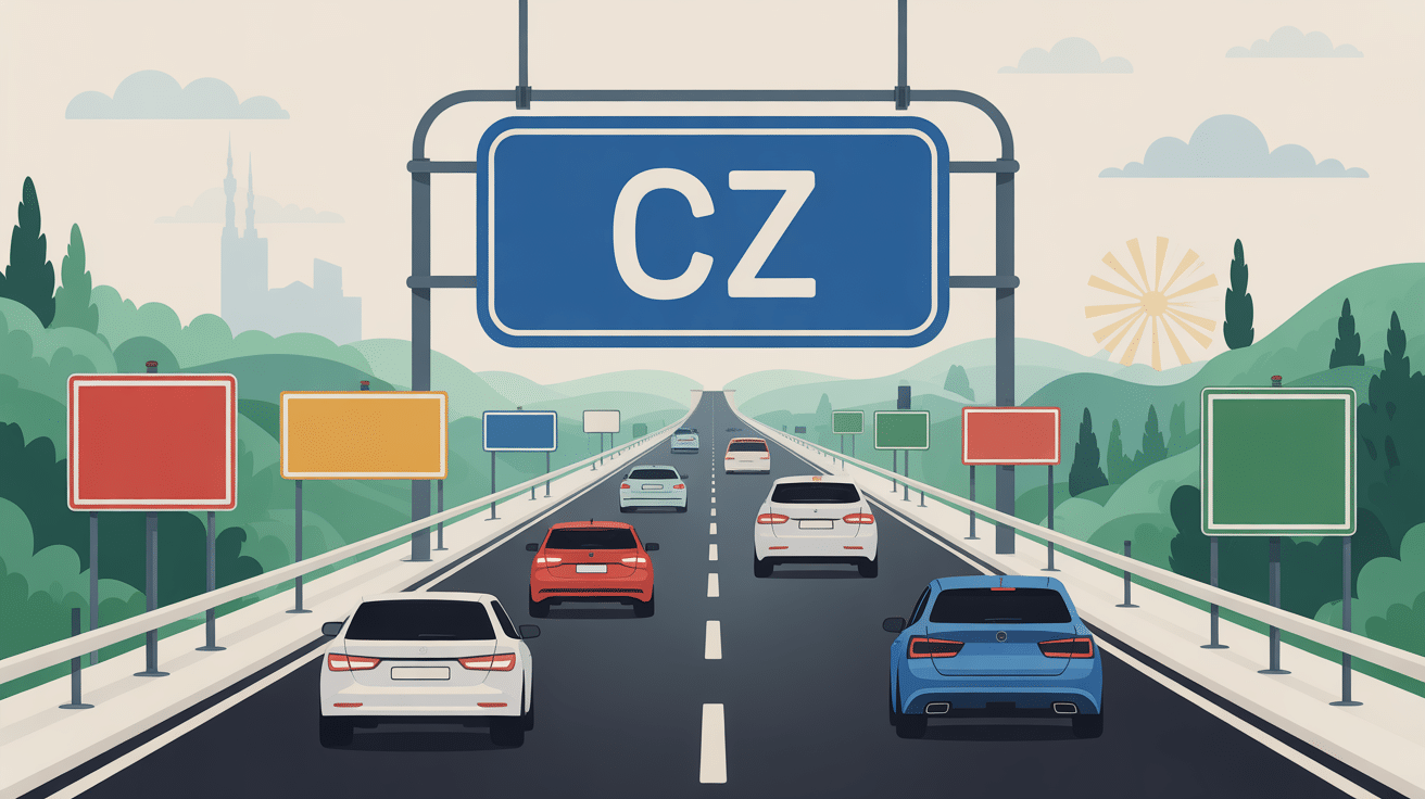 Plaque CZ sur route européenne, symbole circulation internationale