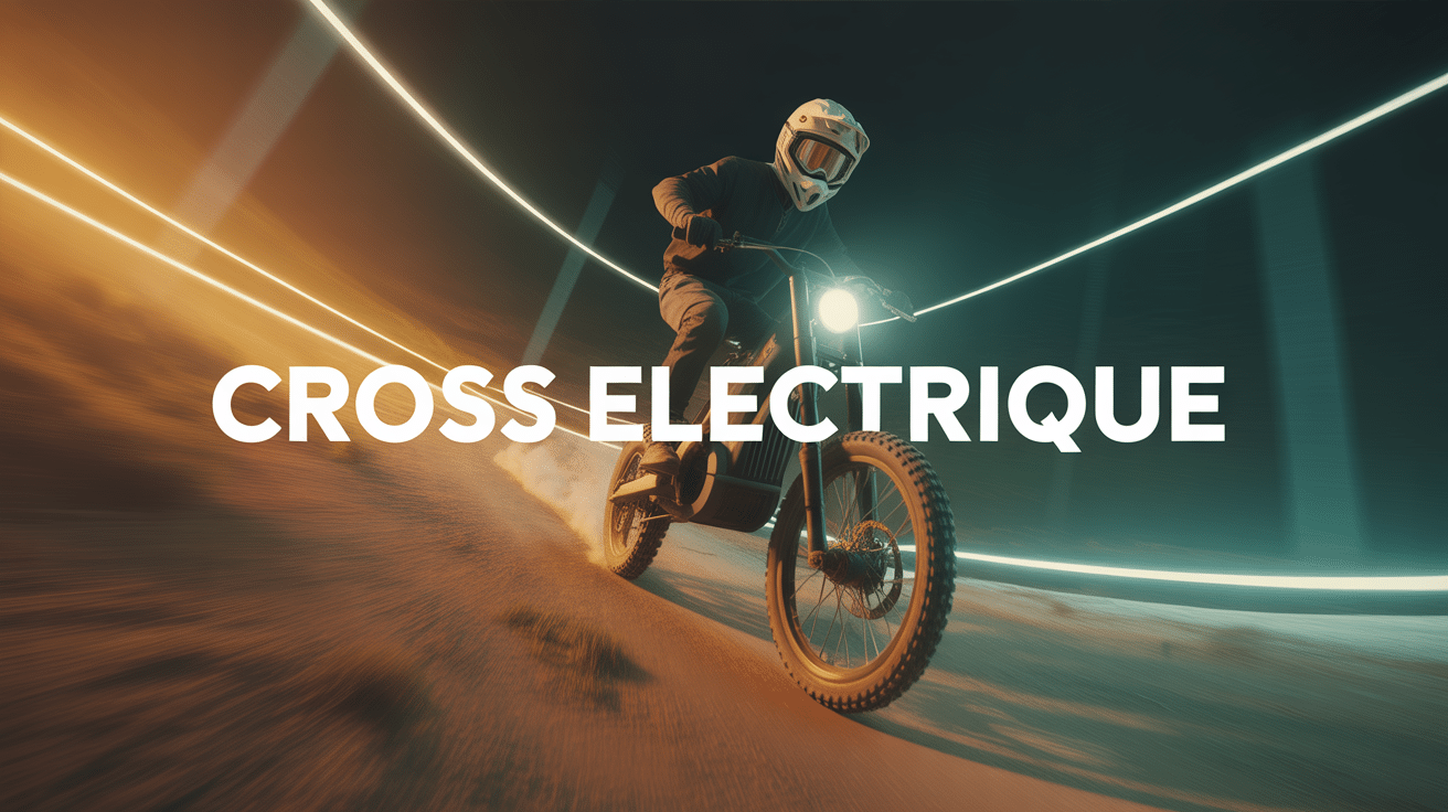 Moto cross electrique sur sentier forestier avec titre central