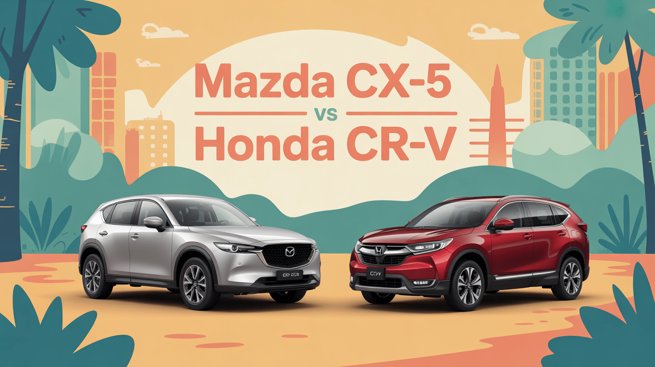 Mazda CX-5 et Honda CR-V côte à côte dans une jungle urbaine, comparatif visuel