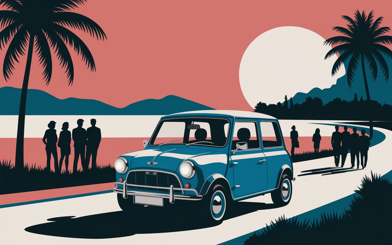 Vintage Mini Moke route estivale années 60