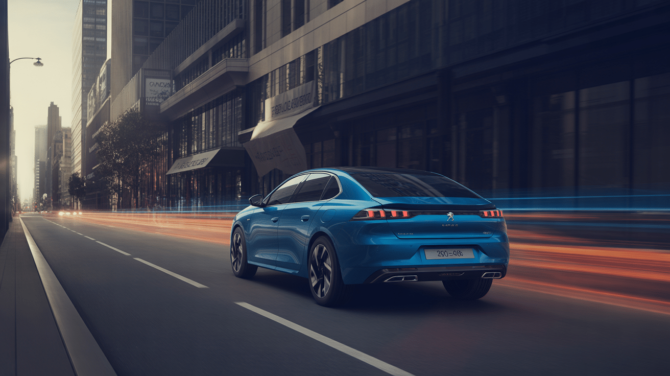 Peugeot 608 grande berline bleue stylisée sur route urbaine