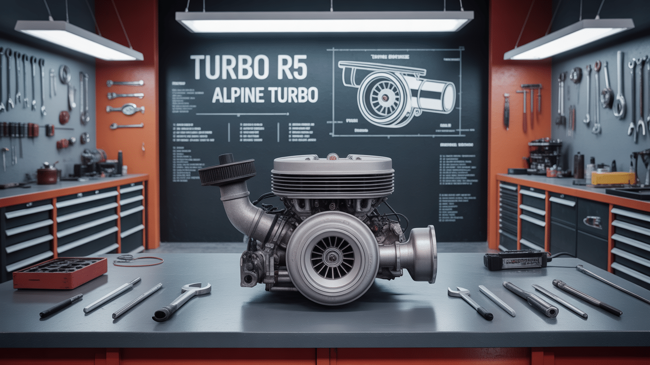 Turbo R5 Alpine Turbo ancien restauré sur établi atelier, schematic détail turbo