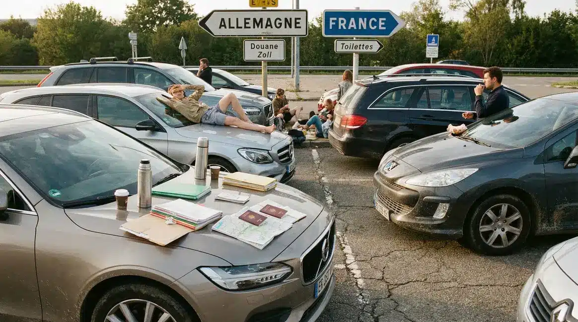 Scène import voiture Allemagne aire autoroute dossiers papiers