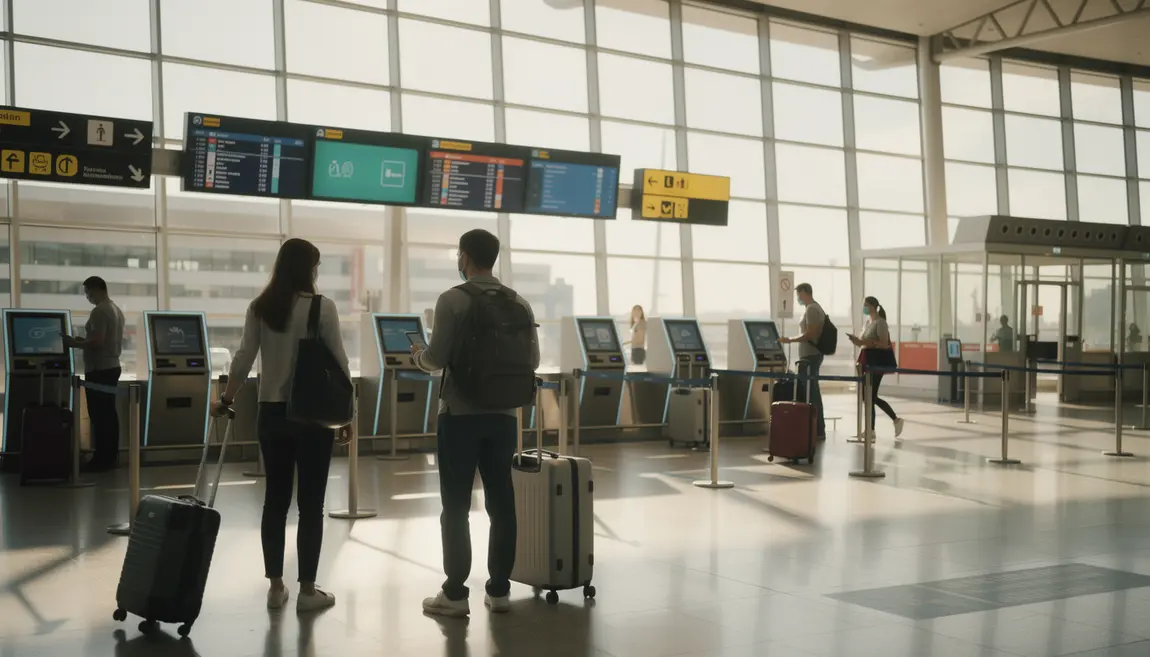 Scène d'aéroport moderne international, voyageurs avec bagages et bornes automatiques