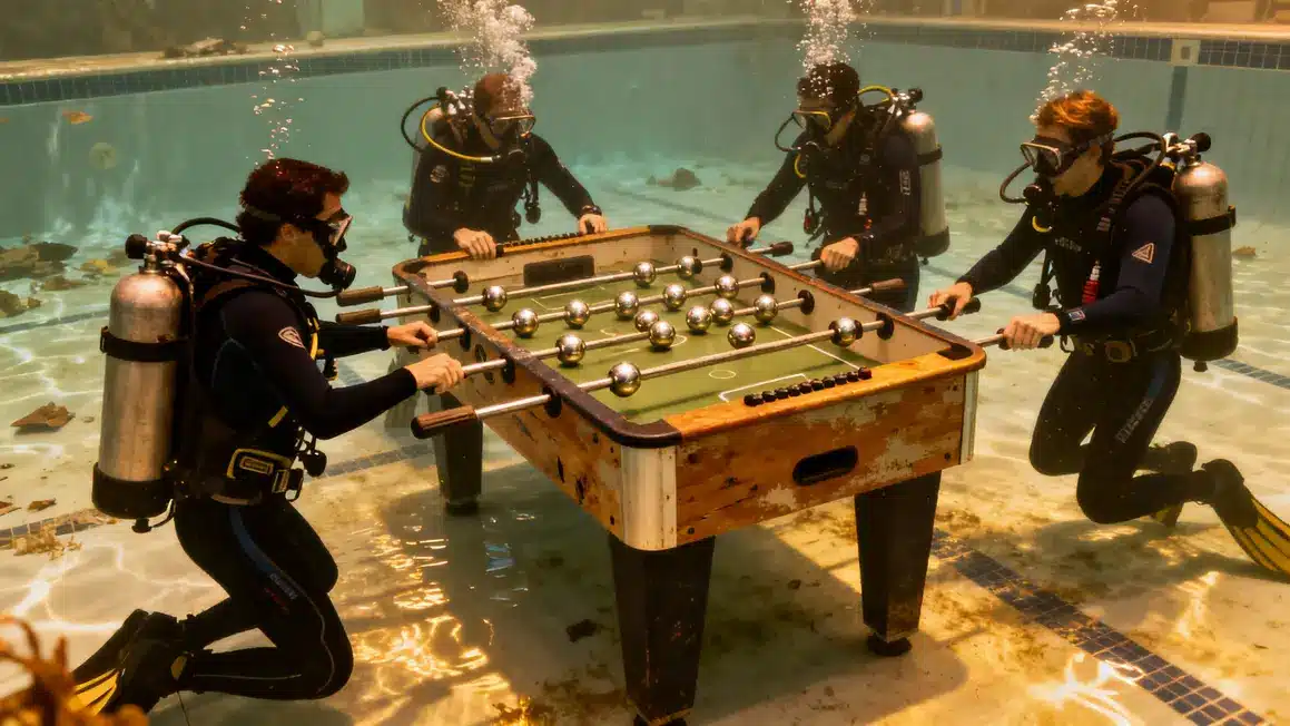 Table de baby-foot subaquatique et plongeurs en pleine partie