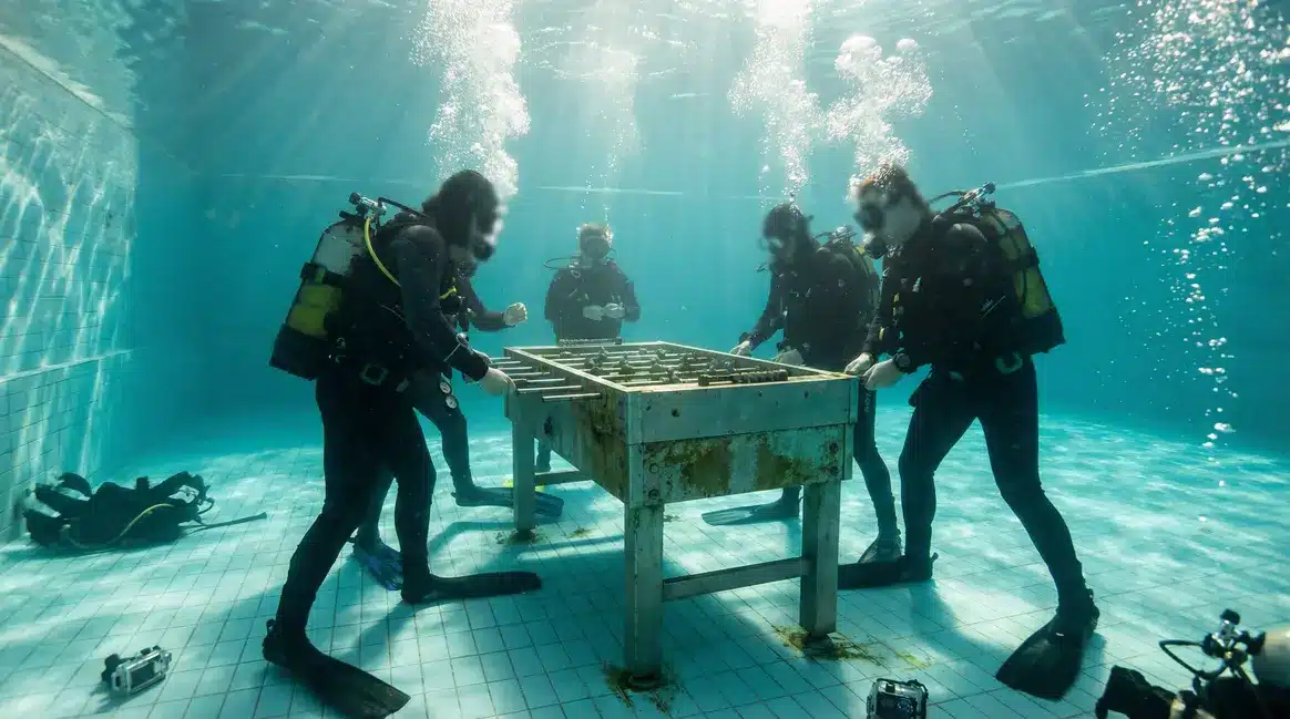Joueurs en combinaison plongée au baby-foot subaquatique sous l'eau