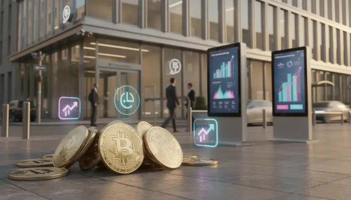 Banque allemande et symboles crypto-monnaies