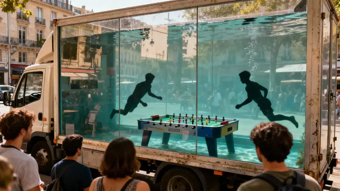 Camion aquarium permettant aux spectateurs de voir le baby-foot subaquatique