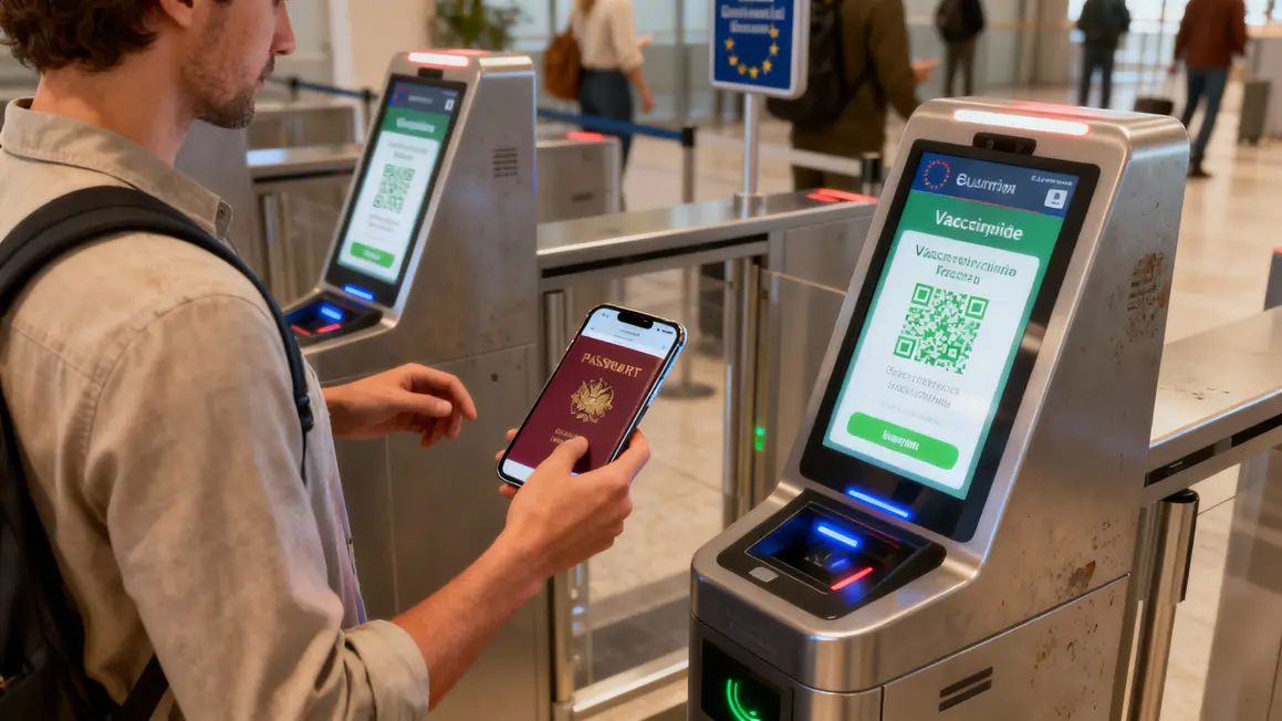 Voyageurs scannant le passeport et smartphone vaccination à un portique de frontière