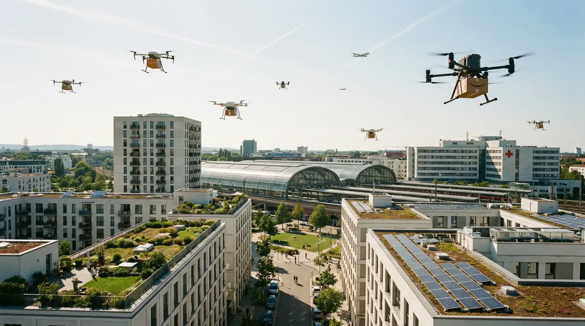 Drones logistiques transportant colis dans une ville allemande