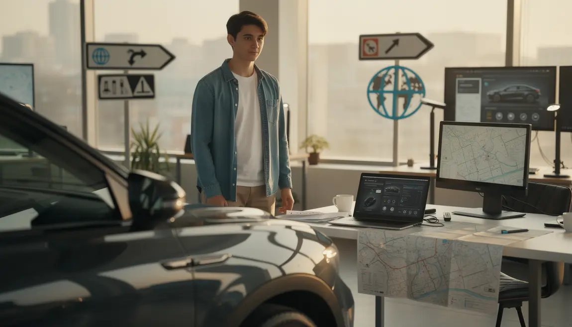 Jeune pro entre auto laptop symboles anglais allemand