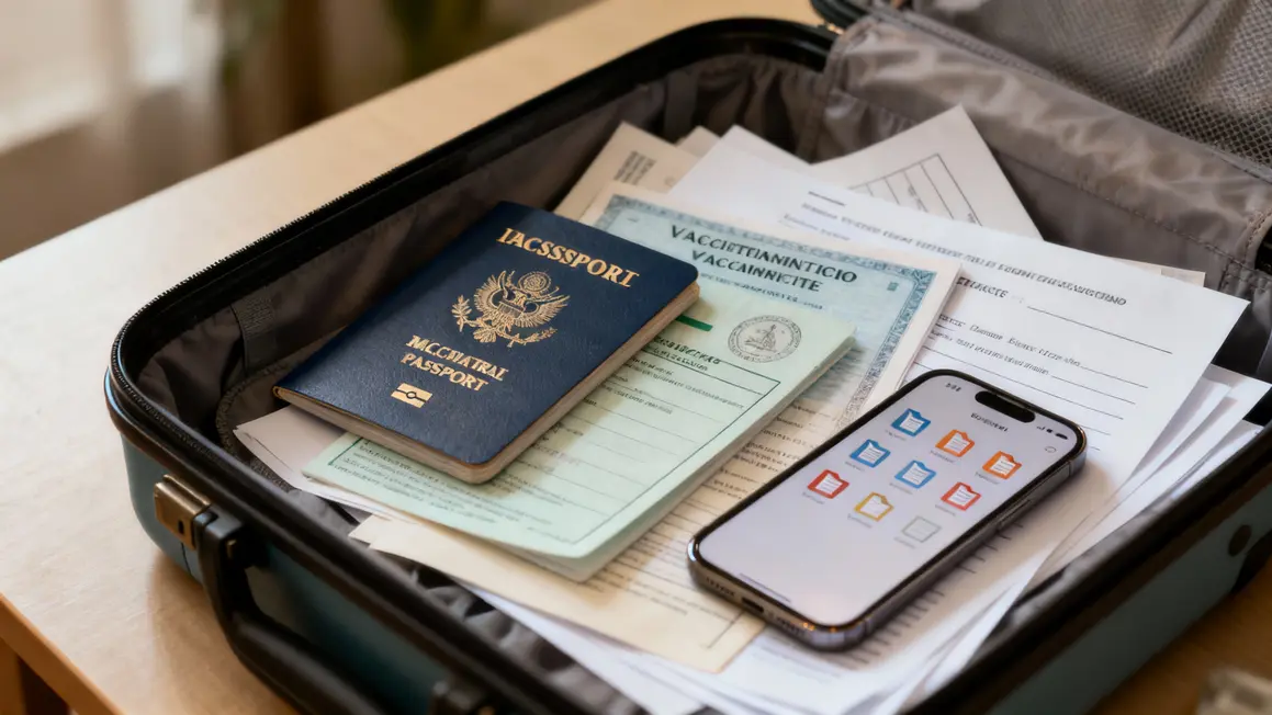 Valise ouverte avec passeport et documents, prêt pour un voyage international