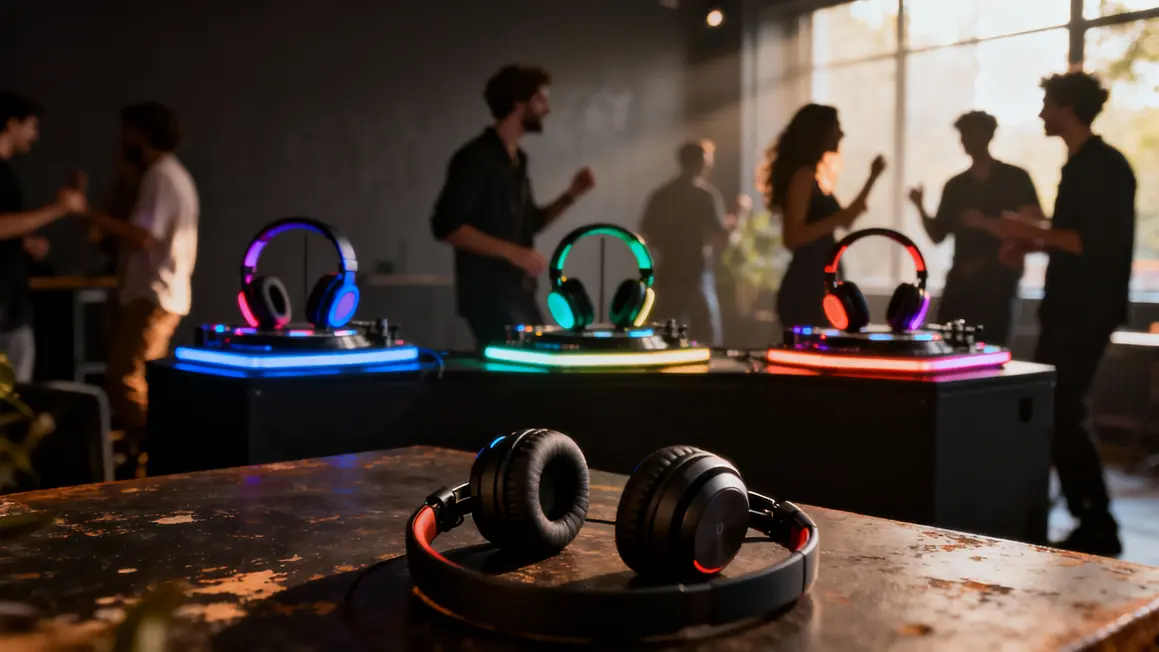 salle silent party DJ casques sans fil colorés