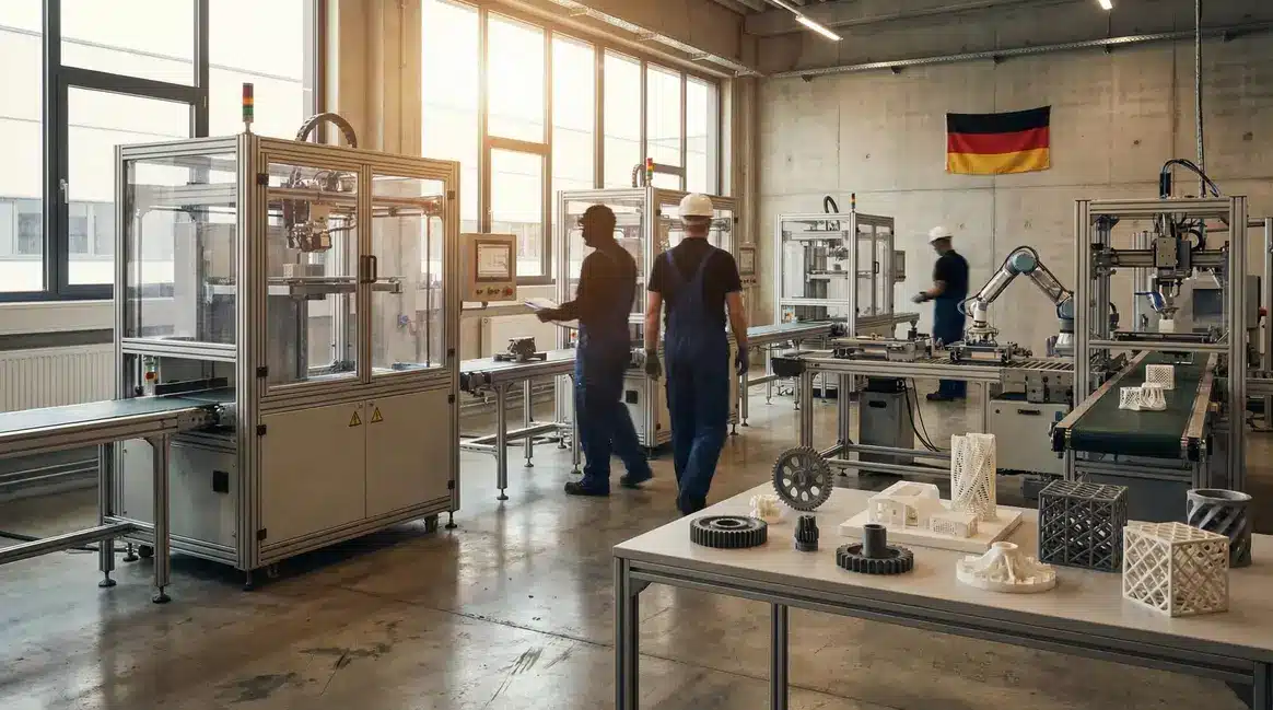 Intérieur usine impression 3D Allemagne avec imprimantes et ouvriers