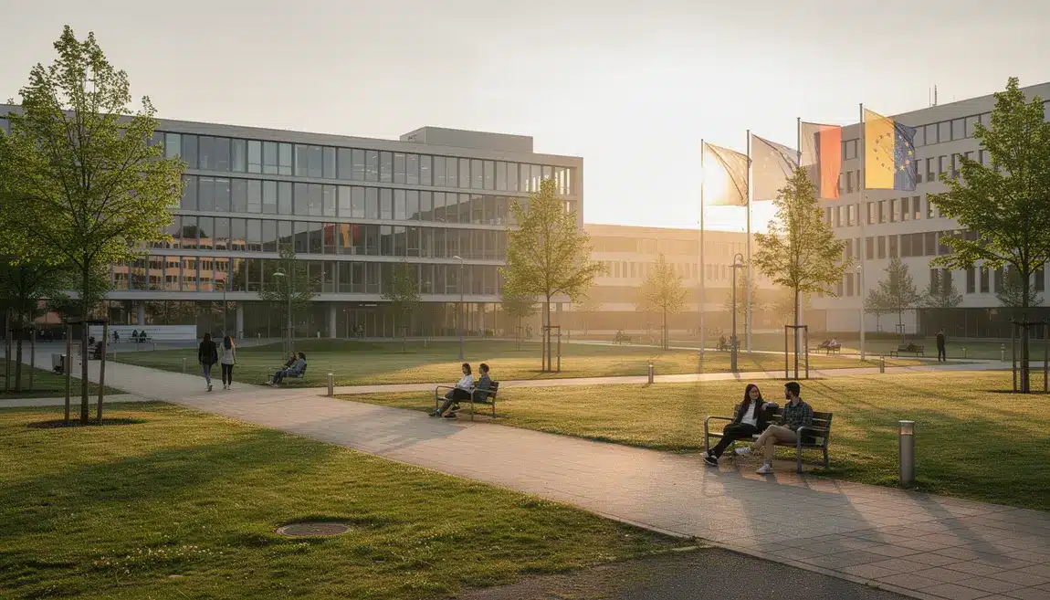 grand campus universitaire allemand moderne avec etudiants internationaux