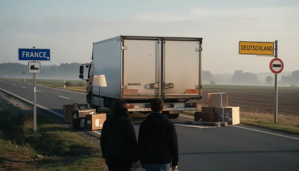 Camion de déménagement franchissant frontière franco-allemande, valises et cartons