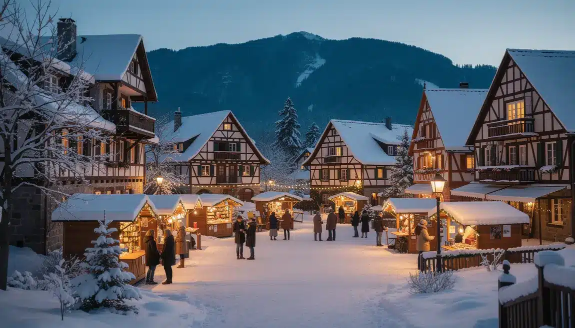 Paysage d'hiver village allemand marché Noël neige
