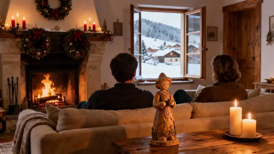 Intérieur cosy Allemagne hiver cheminée couronne