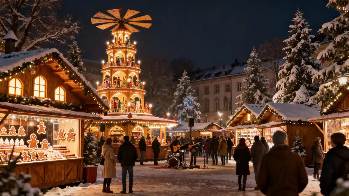 Place marché Noël allemand nuit foule pain épices