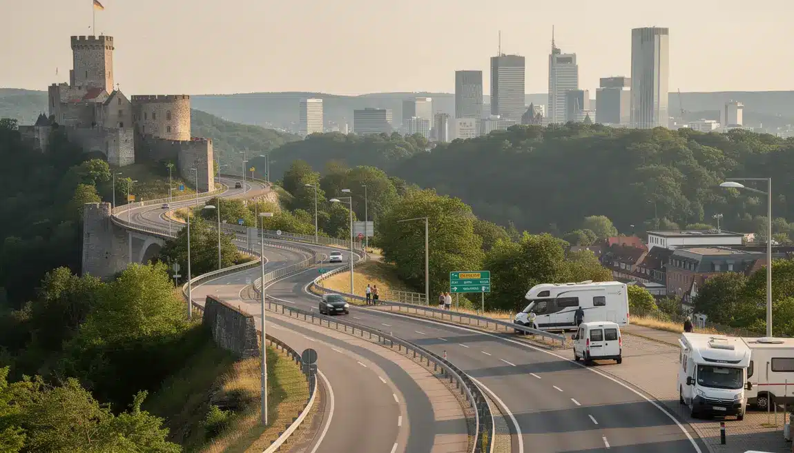 Vue route Allemagne entre forêts et châteaux avec camping-car