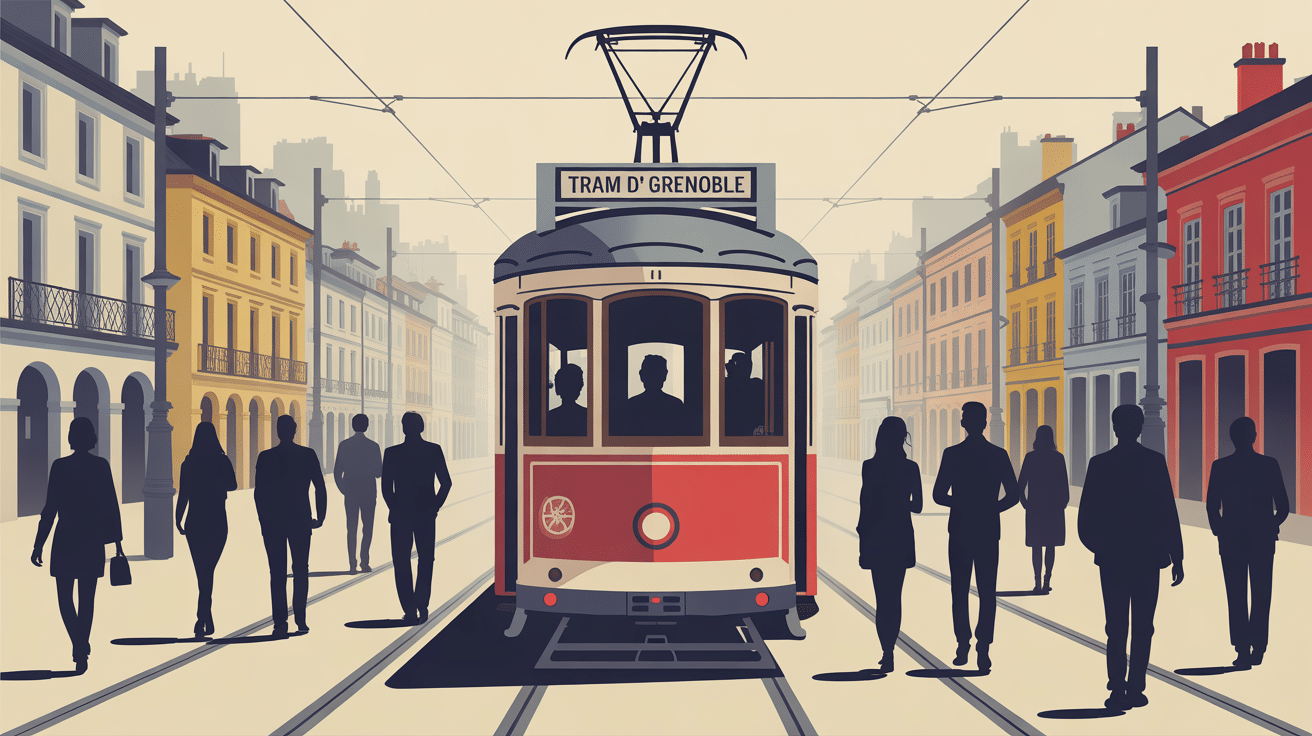 tram d grenoble stylise en ville avec voyageurs