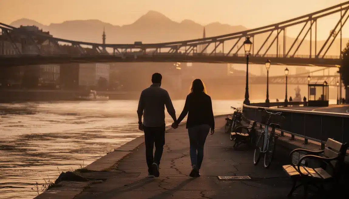 couple sur pont Hohenzollern au coucher de soleil