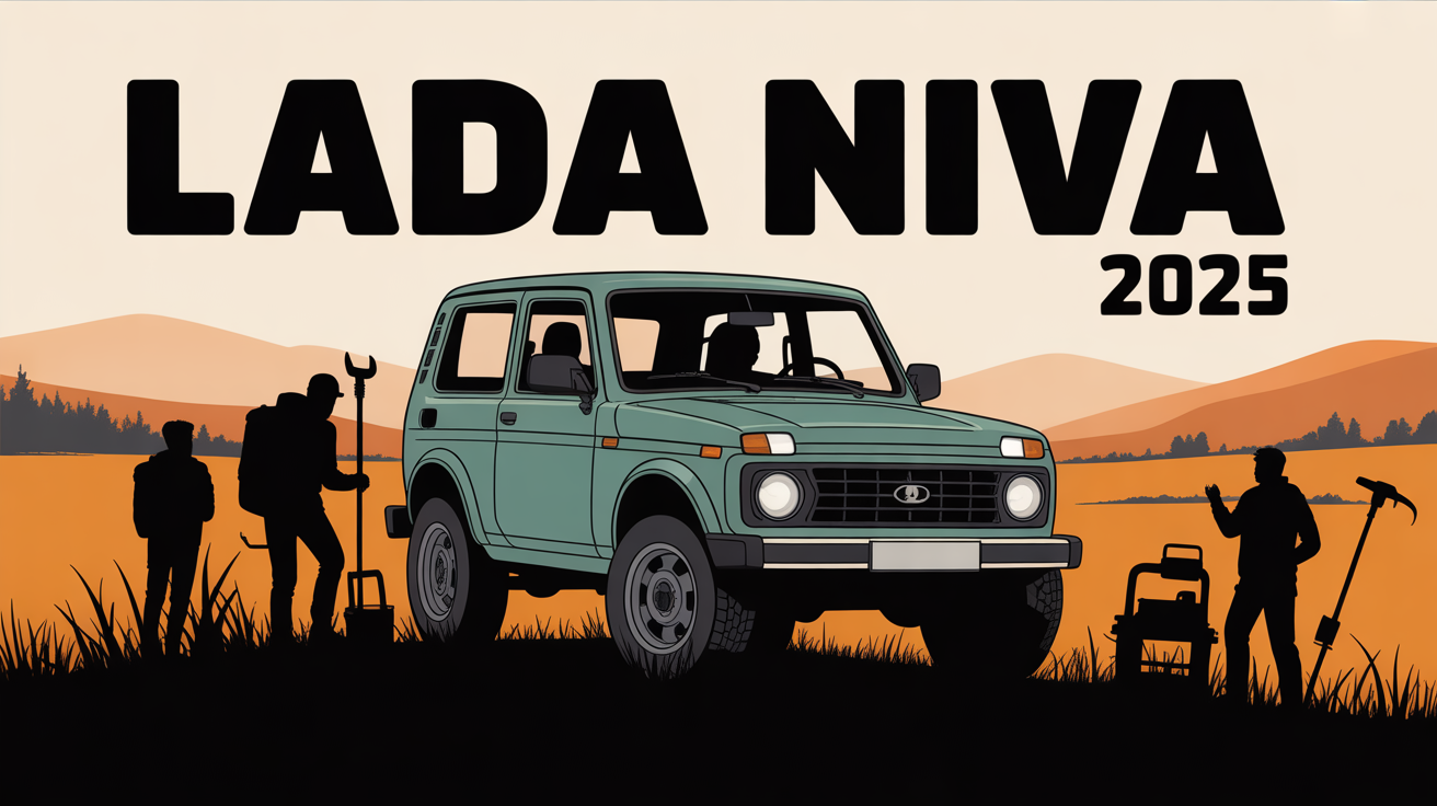 Illustration d'un lada niva 2025 sur terrain boueux avec voyageurs