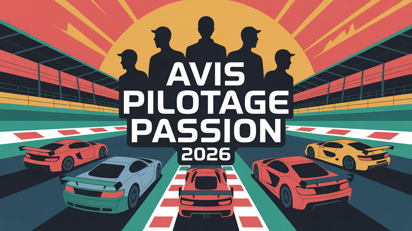 Illustration circuit auto avec voitures sport et titre pilotage passion avis