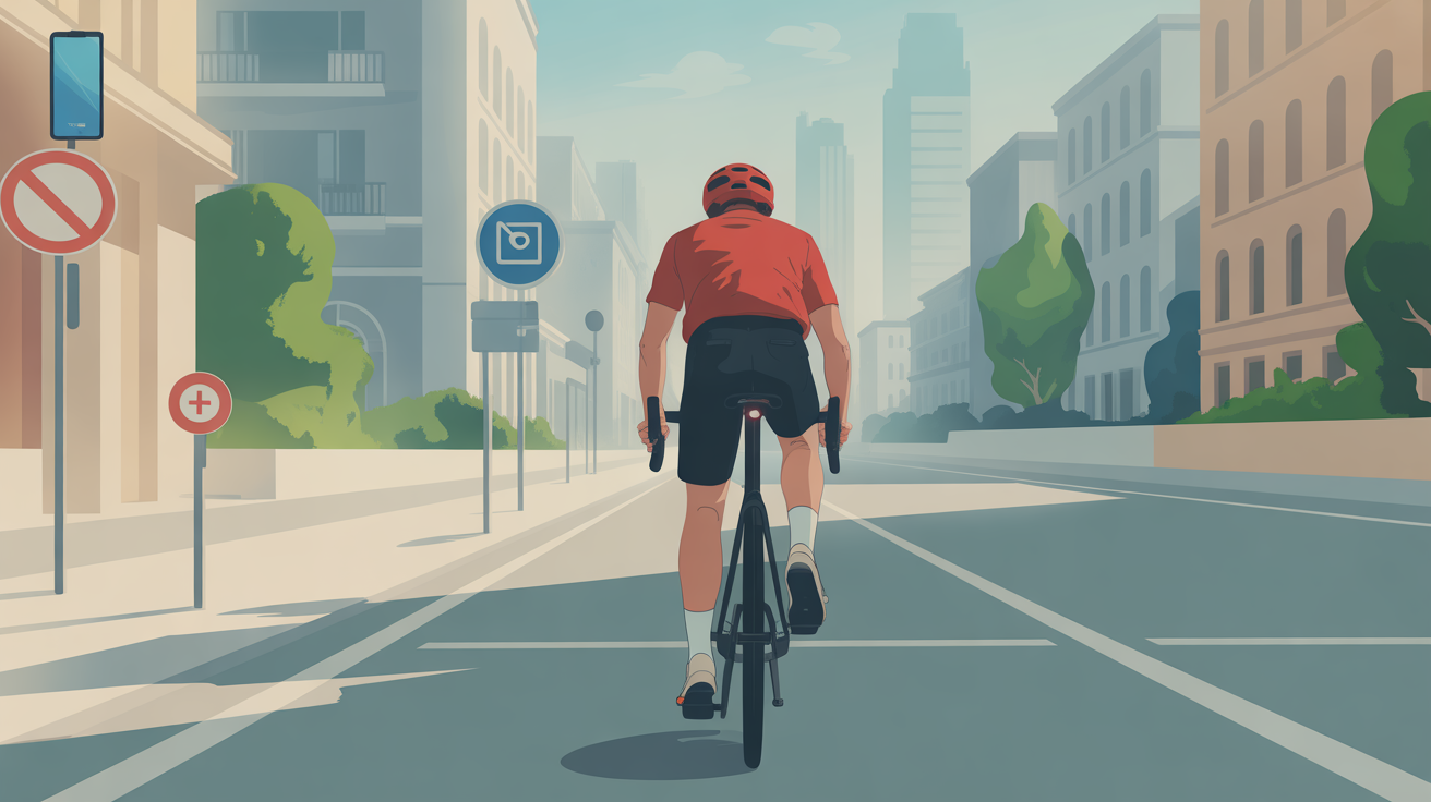 cycliste avec porte telephone velo sur route urbaine