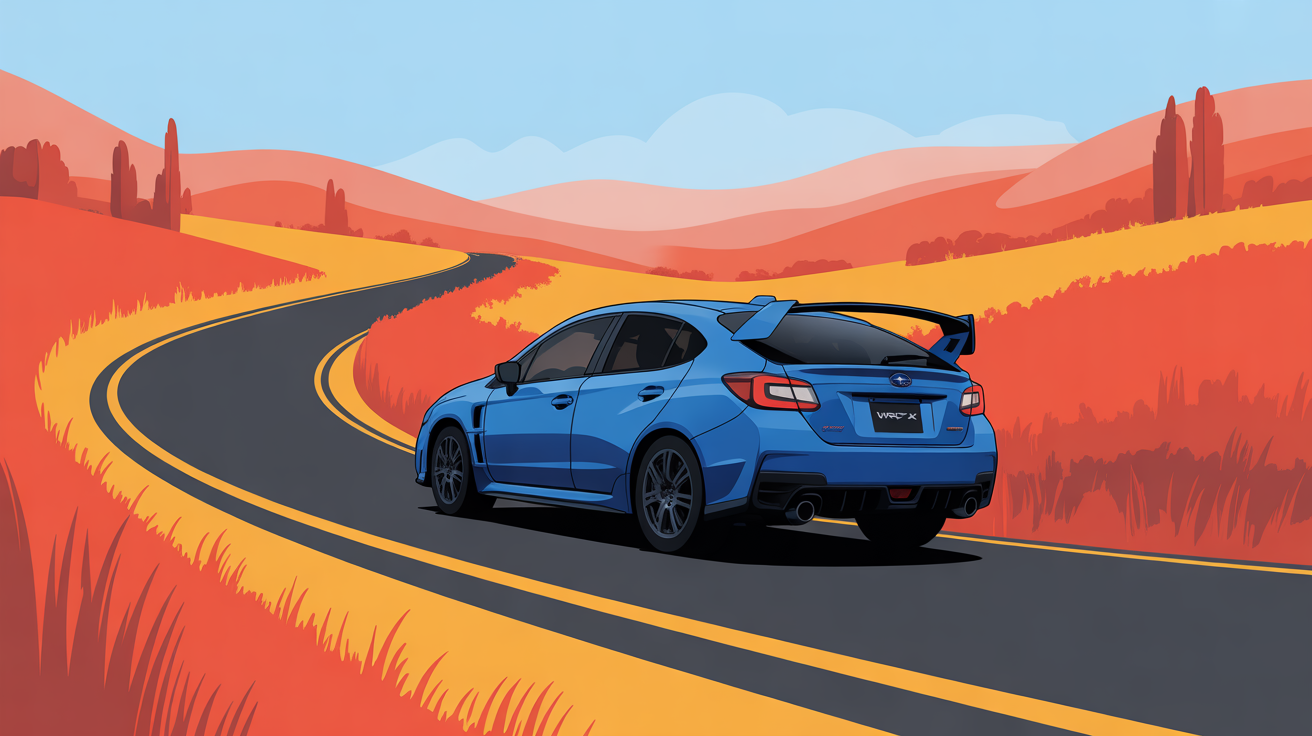 subaru wrx bleue sur route sinueuse