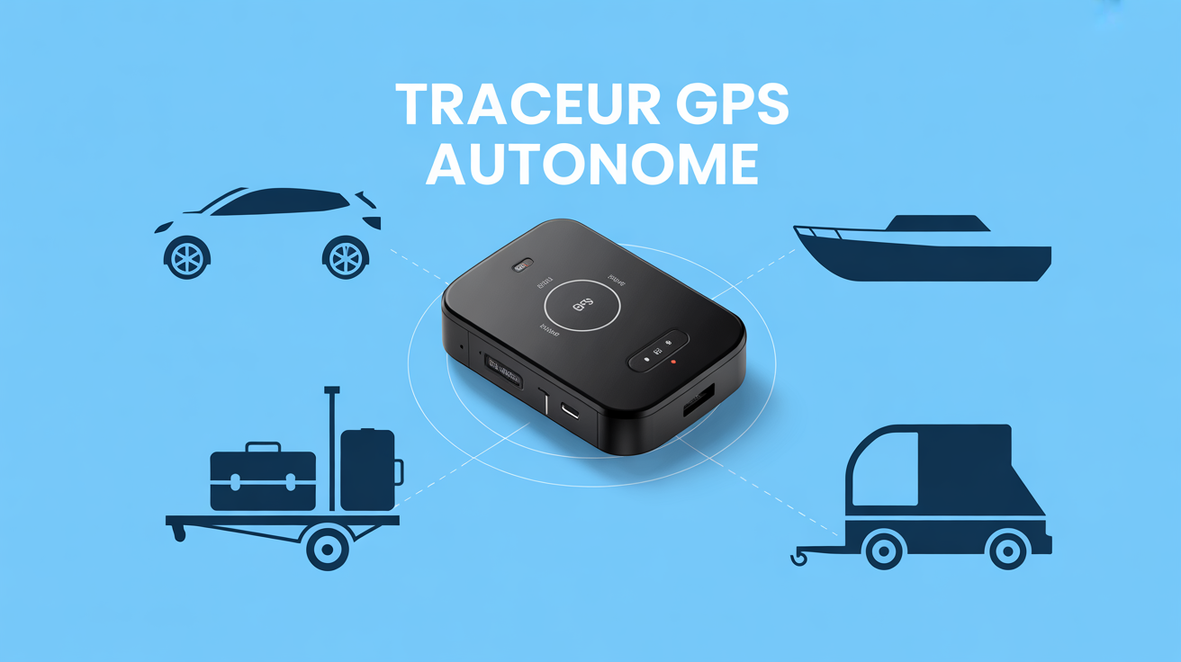 Boîtier traceur gps autonome compact sur fond bleu