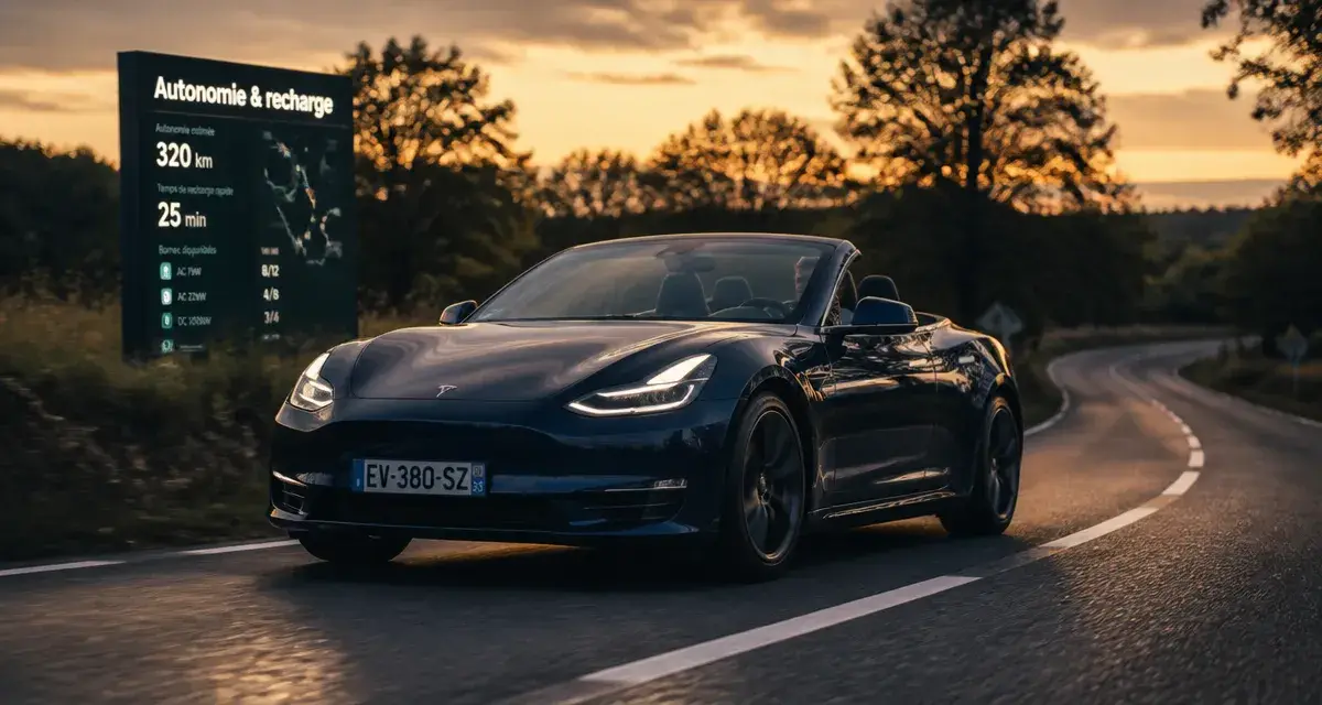 Cabriolet electrique décapoté au crépuscule sur route sinueuse