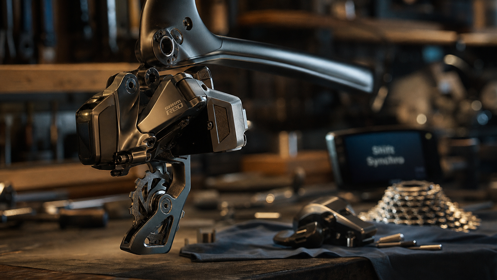Dérailleur electrique sur vélo en atelier, pour optimiser la transmission