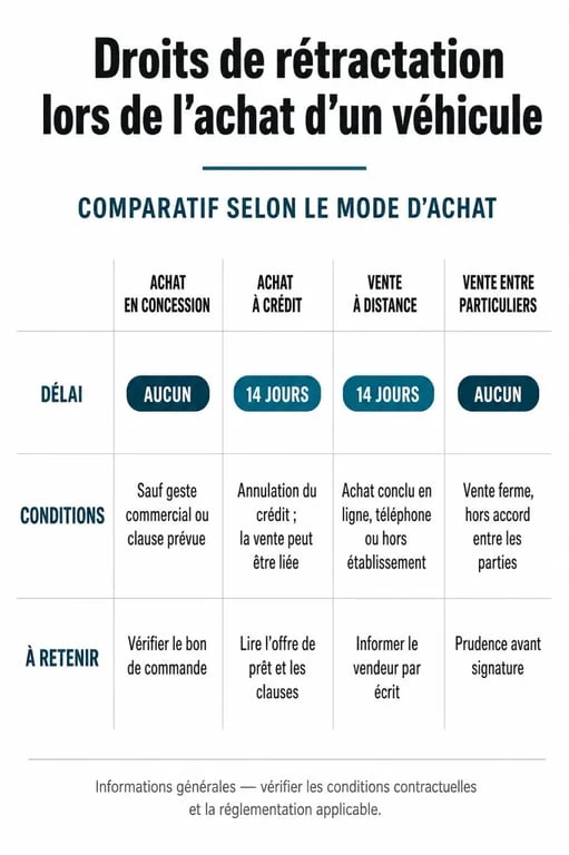 Tableau comparatif des délais de rétractation achat véhicule selon le mode d'achat