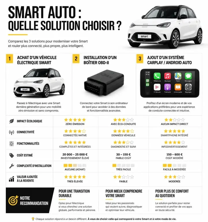 Infographie comparative des solutions smart auto pour moderniser son véhicule ou choisir un modèle électrique