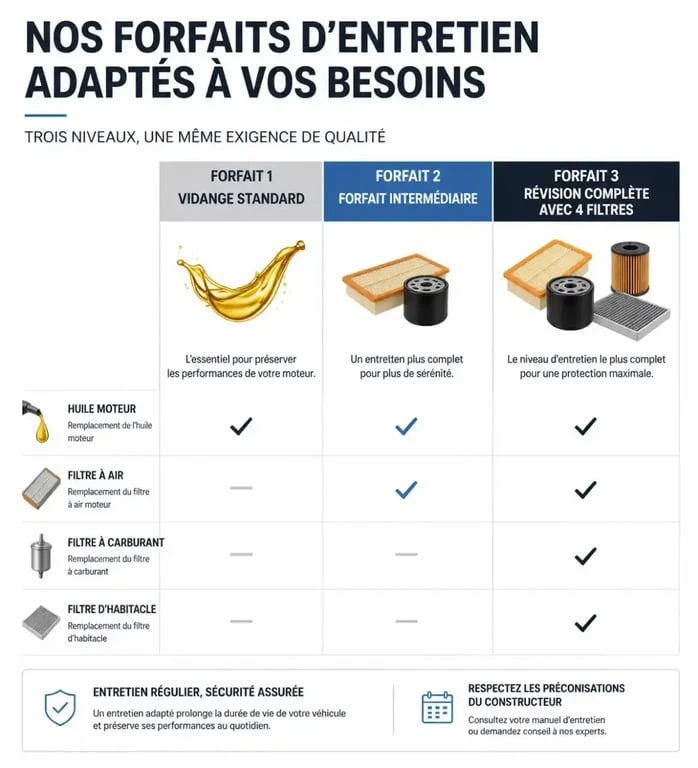 Infographie comparative des prix et prestations pour une vidange avec tous les filtres et entretien automobile