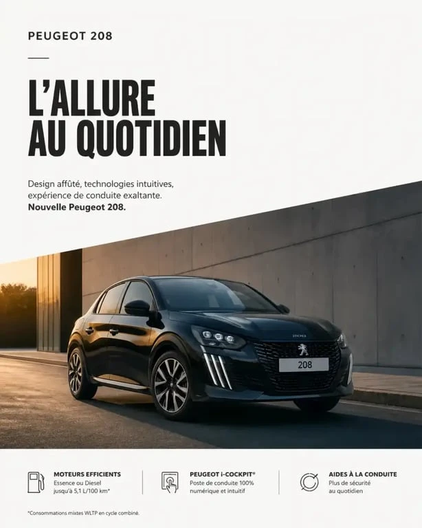 Peugeot 208 noire stationnée en ville, vue de trois-quarts avant.