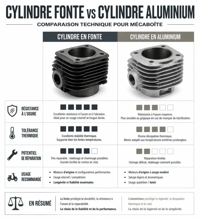 Comparatif technique : kit cylindre 80cc en fonte vs aluminium pour mécaboîte