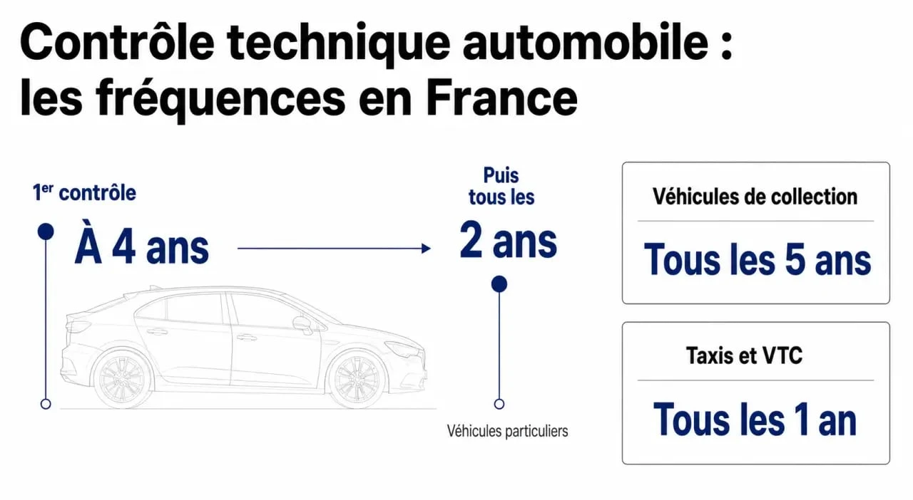Fréquence du contrôle technique automobile en France : calendrier et règles pour les véhicules de tourisme, de collection et professionnels.